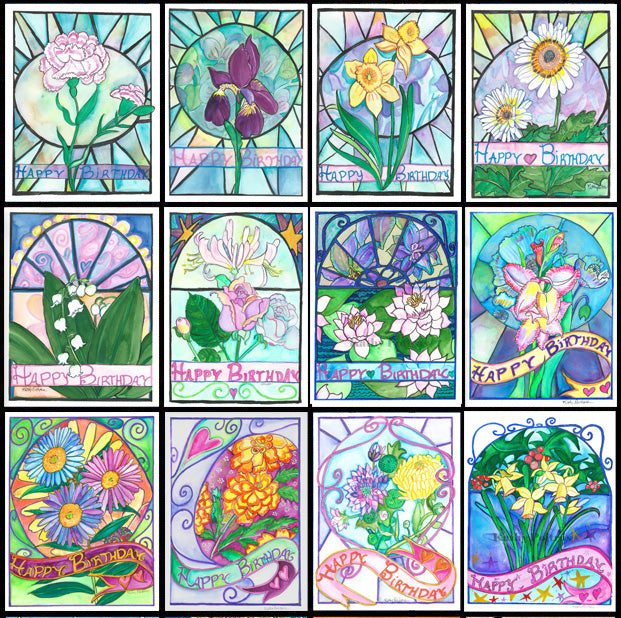 12 flower of the month Birthday cards by artist Kathy Poitras. 