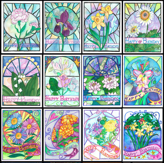12 flower of the month Birthday cards by artist Kathy Poitras. 