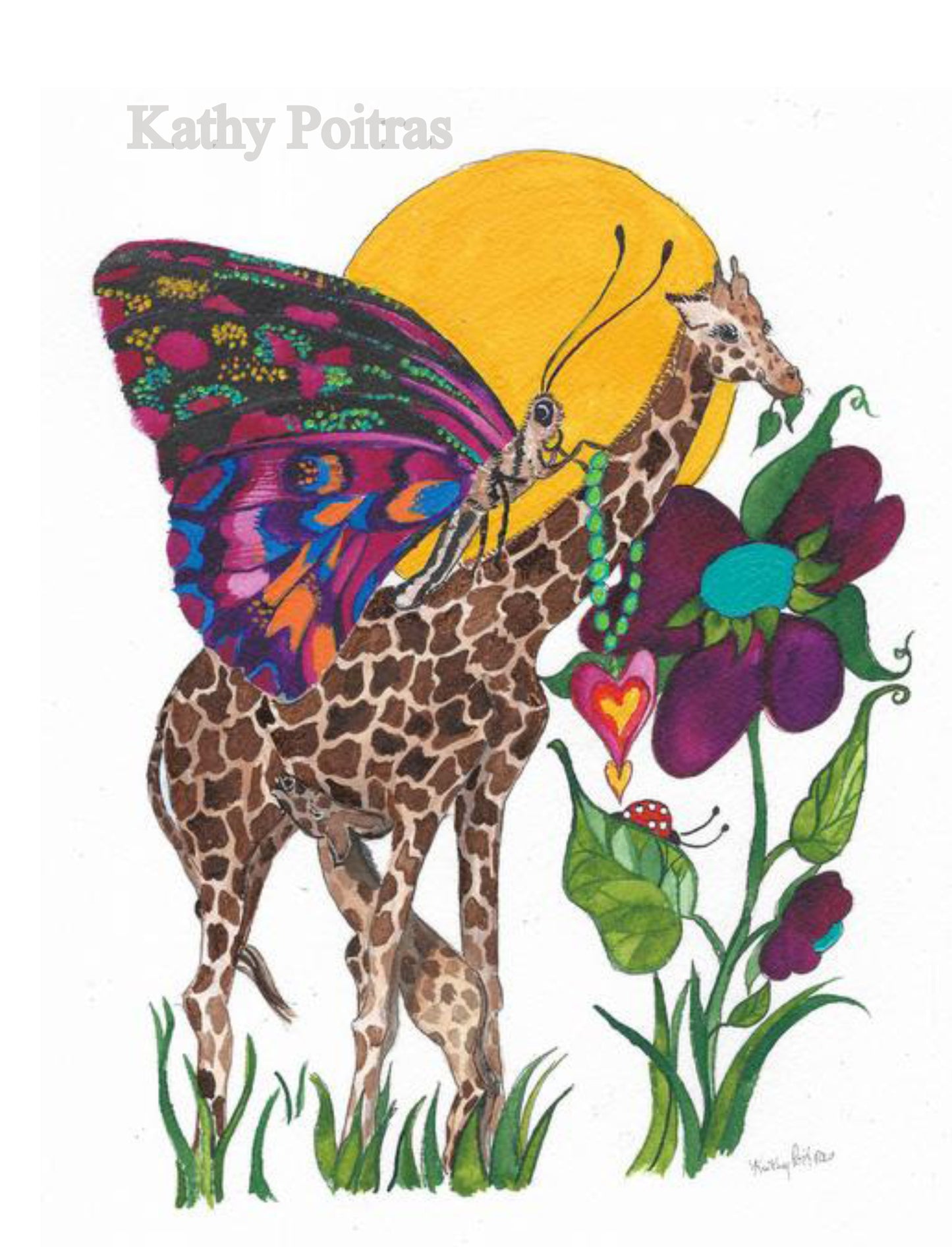 Nursery Wall art of a Mommy and Baby Giraffe with a Giant Butterfly. 