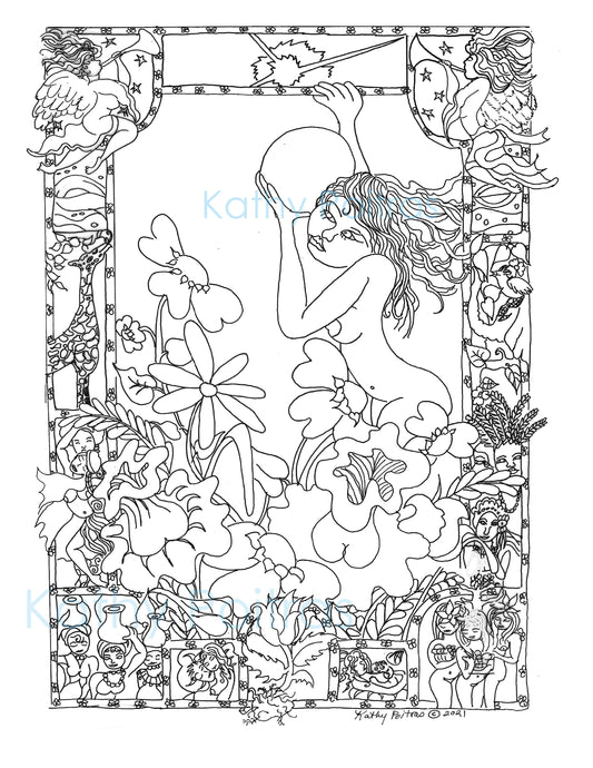 Color your own image of a Goddess ascending toward her own spiritual freedom. In a world full of vibrant fantasy flowers.  Surrounded by a border that expresses the story of all the areas of life she touches.   