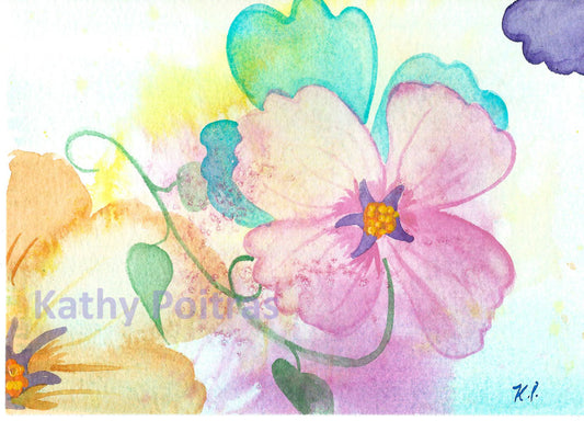 watercolor painting of abstract pink, yellow, blue and purple blossoms against a bright wash background.   By artist Kathy Poitras