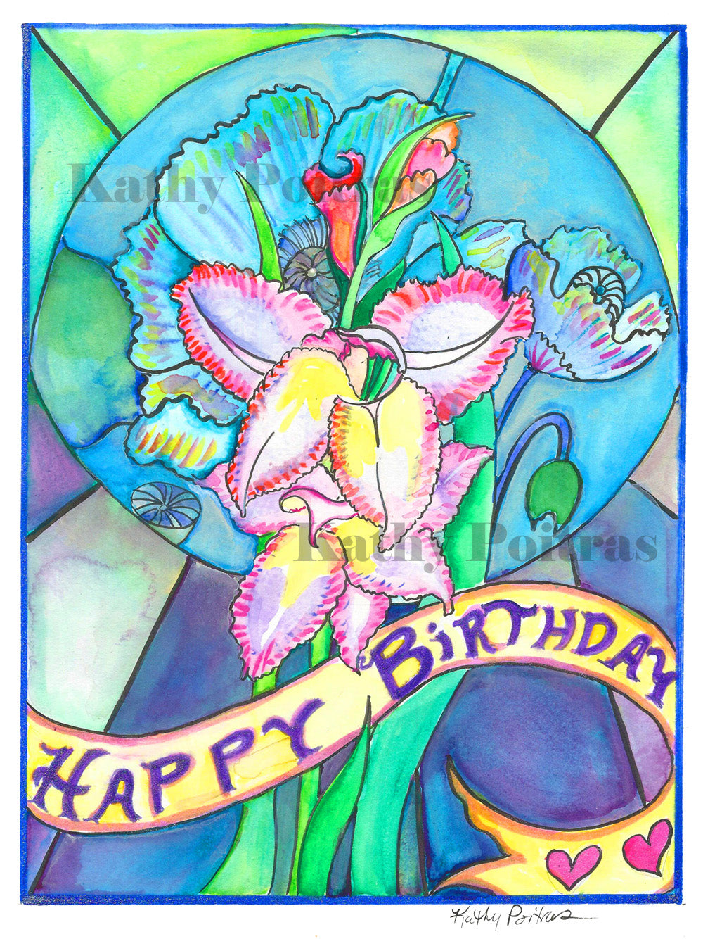 Hand made birthday card, in the naïve folk art style of Kathy Poitras. Inspired by the August birth flower of the month Gladiolus. Gladiolus with a stain glass inspired background. A celebratory swirly ribbon that says "Happy Birthday" across the bottom. Lovingly hand embellished by the artist. 
