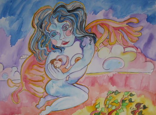Naïve painting of a young mother angel nursing a new tiny baby while flying above the clouds. 