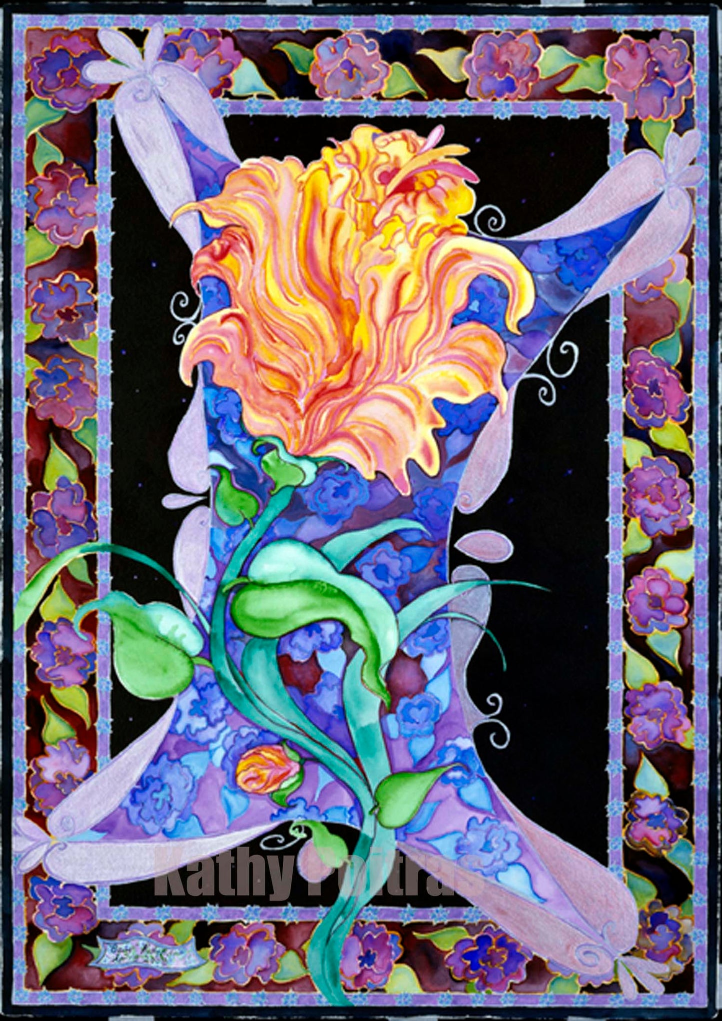 Being . Large watercolor and ink abstract flower painting