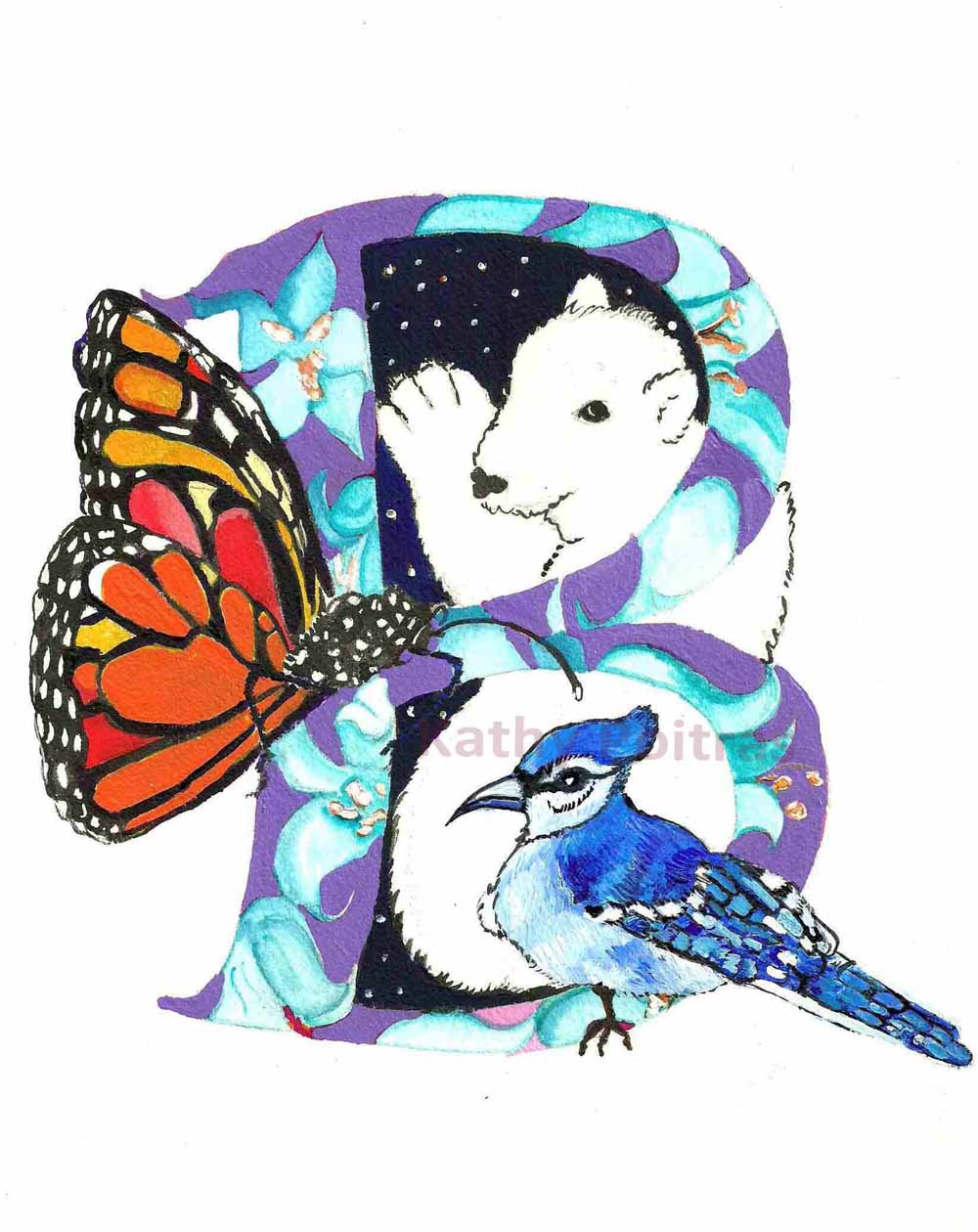 Personalized Greeting Card. letter B, Butterfly, Bear and Blue Jay,