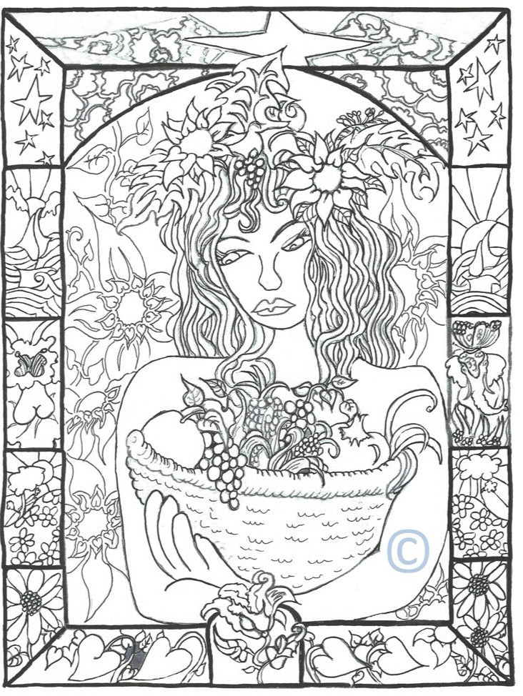 color your own image of a goddess holding a basket of fruit. 
