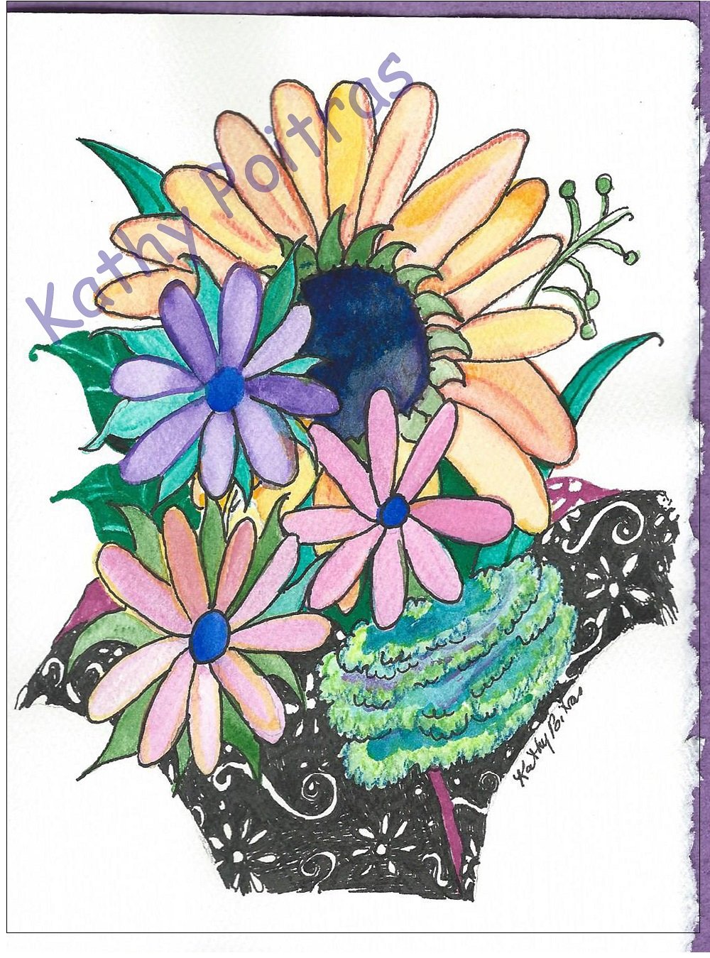 original watercolor art card, variety flower pot