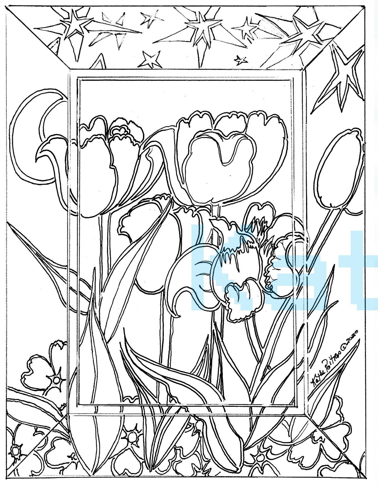 color these cosmic Tulips! Delicately illustrated by artist Kathy Poitras, this picture features a group of classic tulips in the center, with stunning stars and a moon in the border.