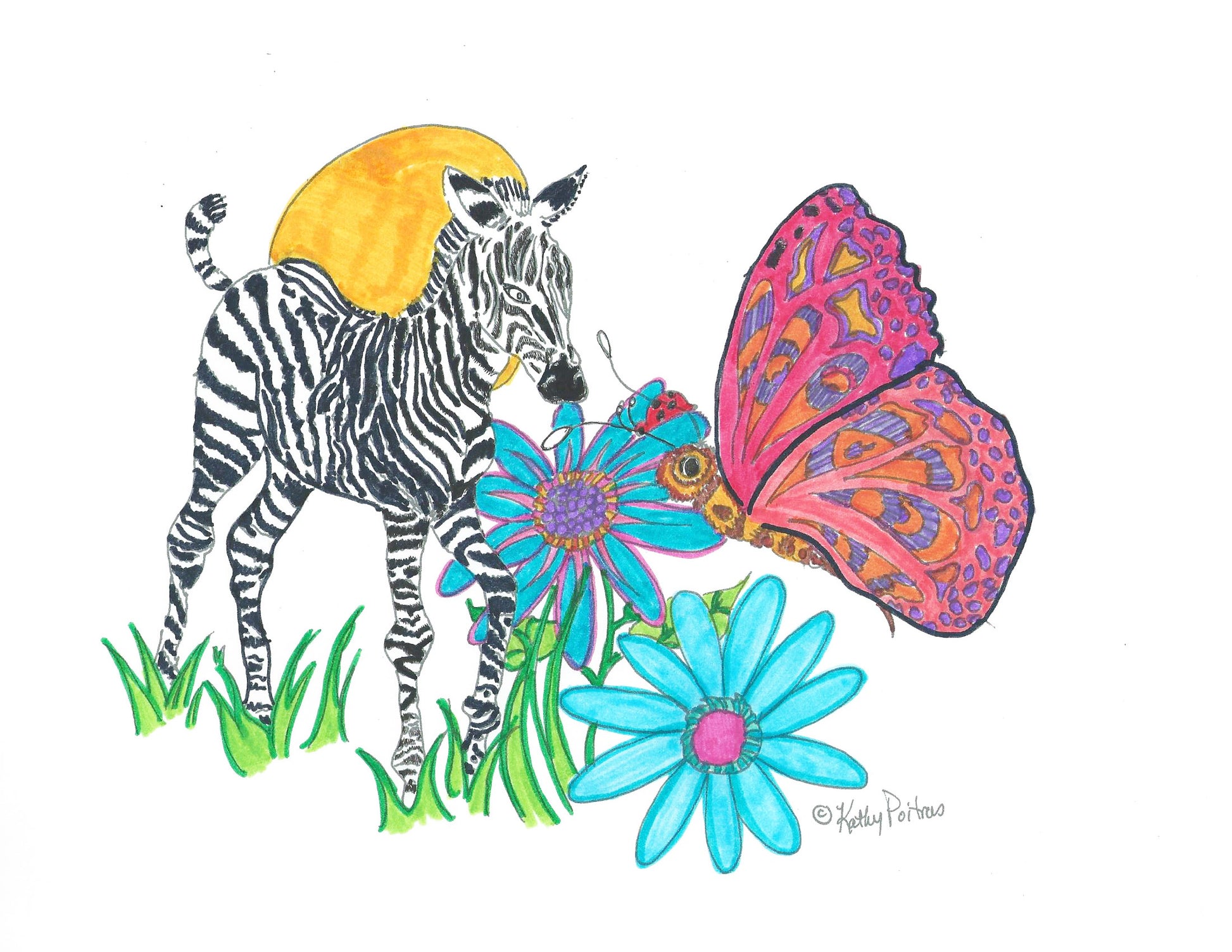 colored sample of This color your own ink drawing of a baby zebra, butterfly and ladybug