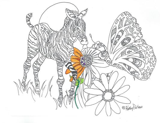 This color your own ink drawing of a baby zebra, butterfly and ladybug