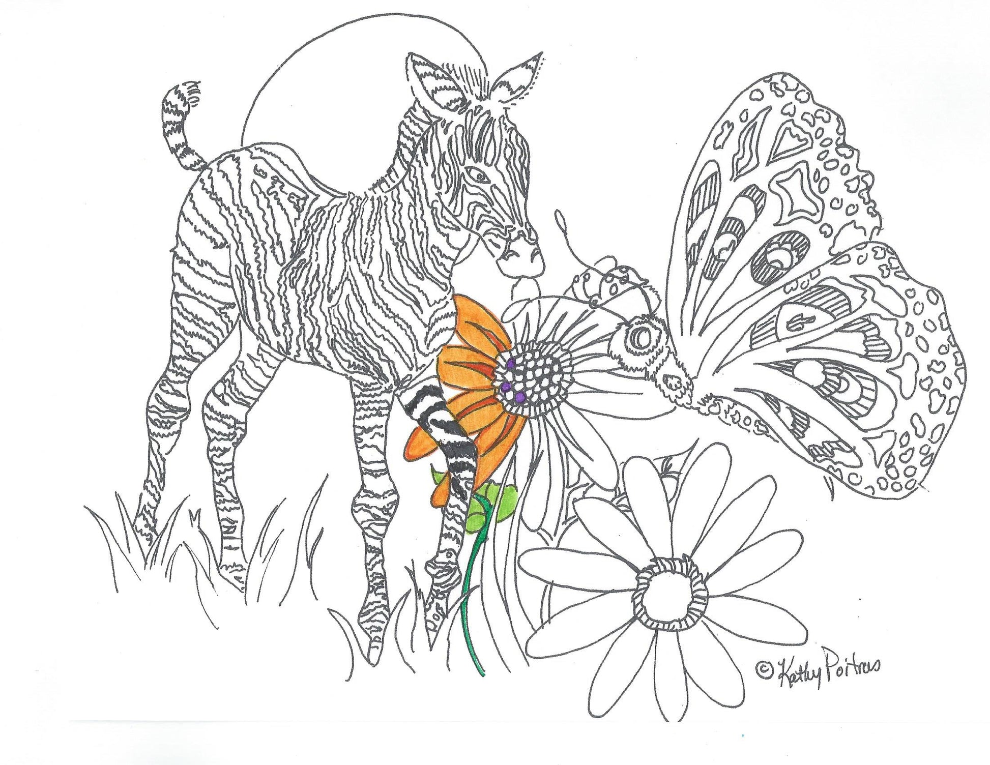 Coloring page of a baby zebra, giant butterfly, and ladybug with daisies. 