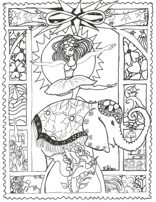 Enjoy coloring this fanciful acrobatic performer, who is dancing on the back of an elephant.