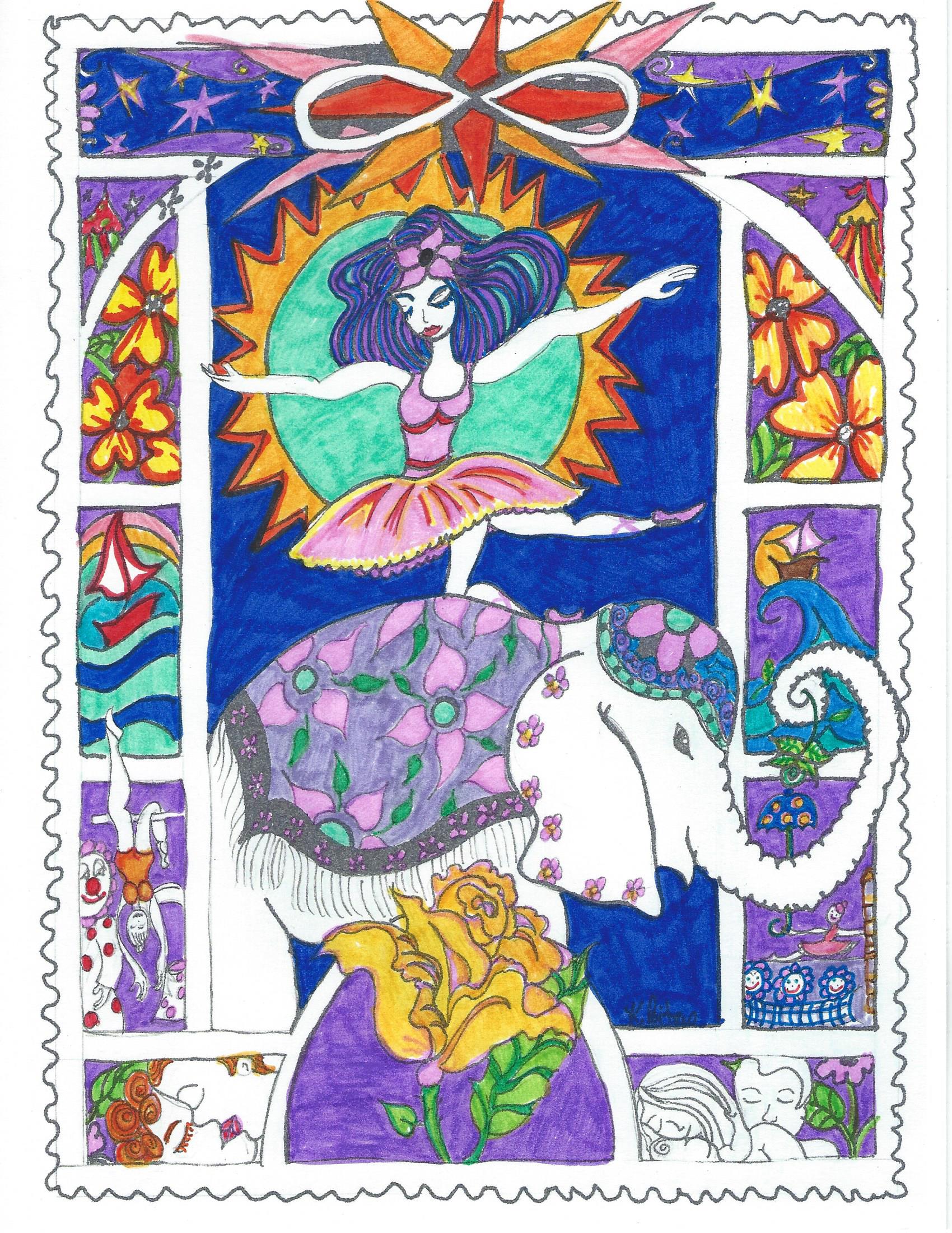 colored sample Enjoy coloring this fanciful acrobatic performer, who is dancing on the back of an elephant.