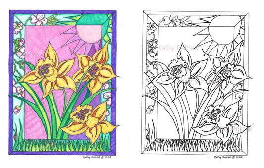 Bring this cheerful picture of daffodils to life with your own coloring! Drawing inspiration from the daffodils in her front yard, artist Kathy Poitras has recreated this delightful scene for you to color.  