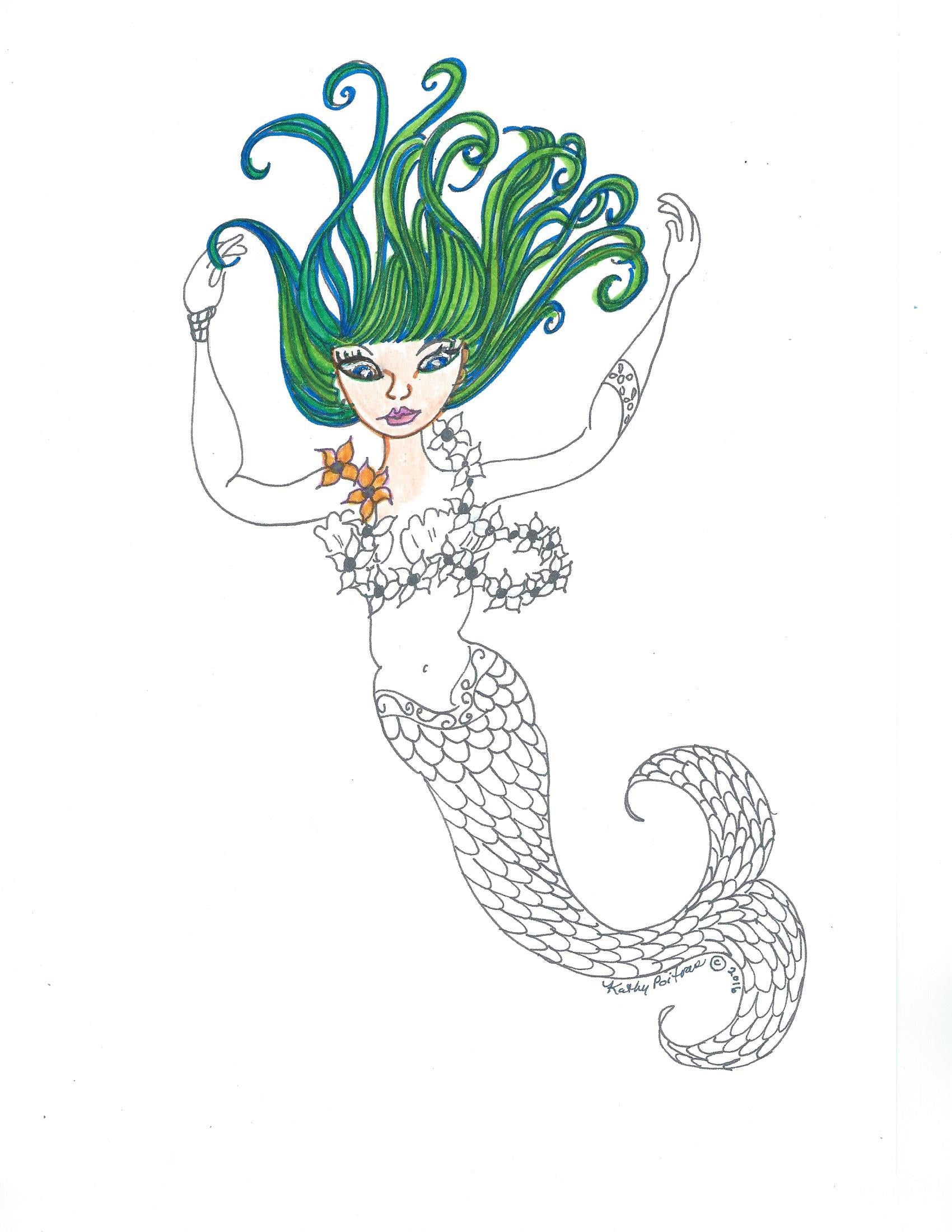 color your own sample of young mermaid with long hair floating up in the water.
