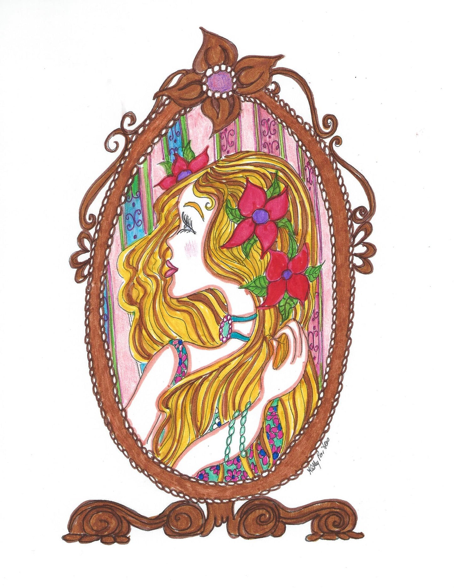 colored sample  of a young girl's reflection in a magic mirror. 