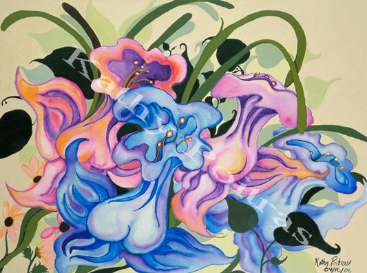 A concept of flowers , acrylic on  48x 36 inch gallery canvas. Abstract daffodil inspired flowers in pink and blue. 