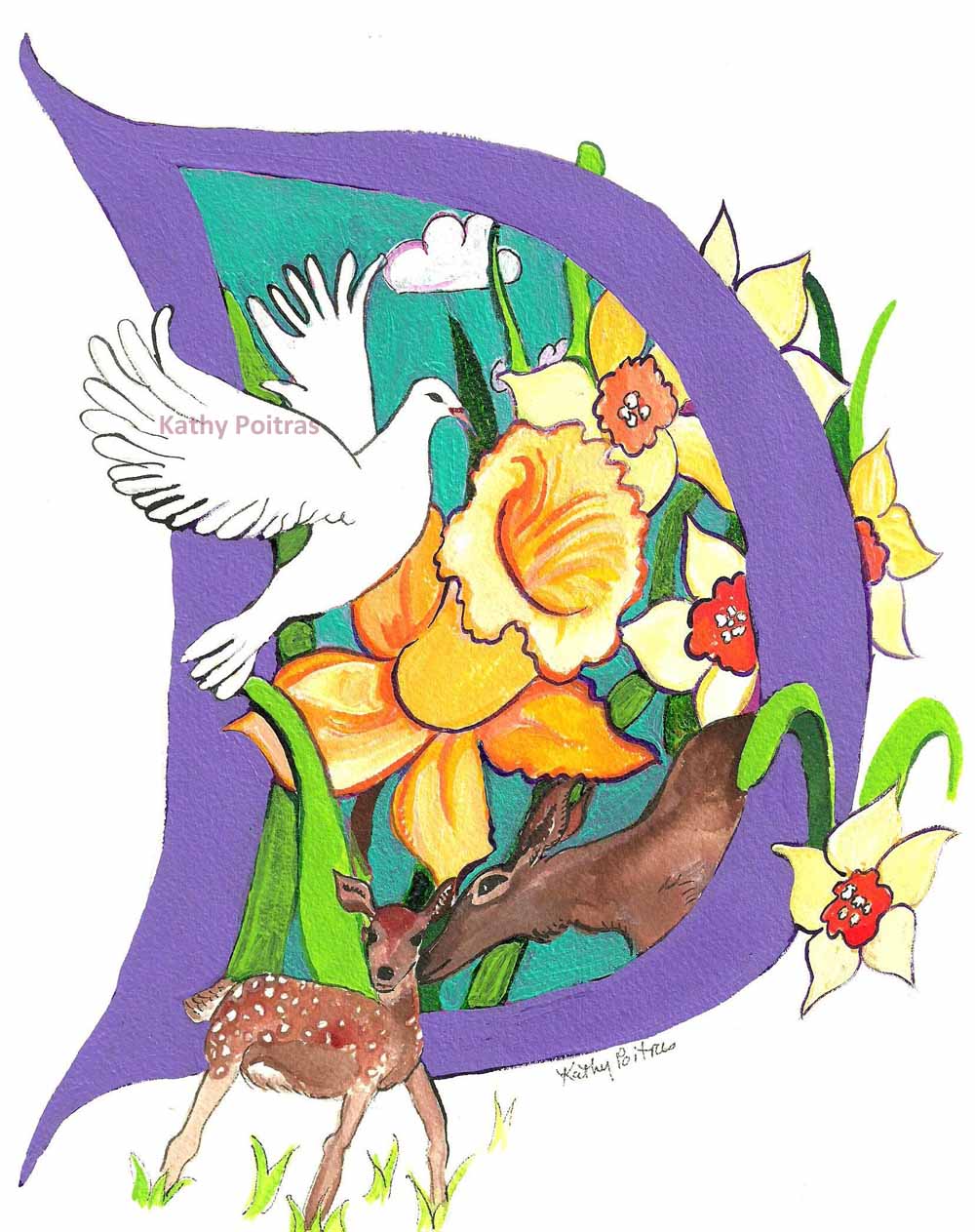 illustrated letter D is for Daffodils, Dove and Deer,