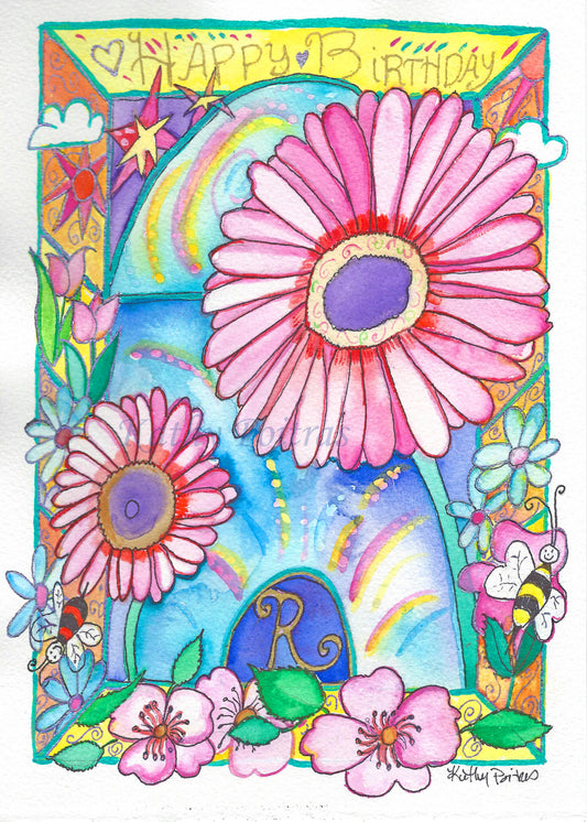 Personalized flower of the month April, Happy Birthday Card. Daisies and the letter R. .   A cheerful whimsical cathedral featuring the letter R, and daisies.  Surrounded by a border of life.  With wild roses at the bottom. 