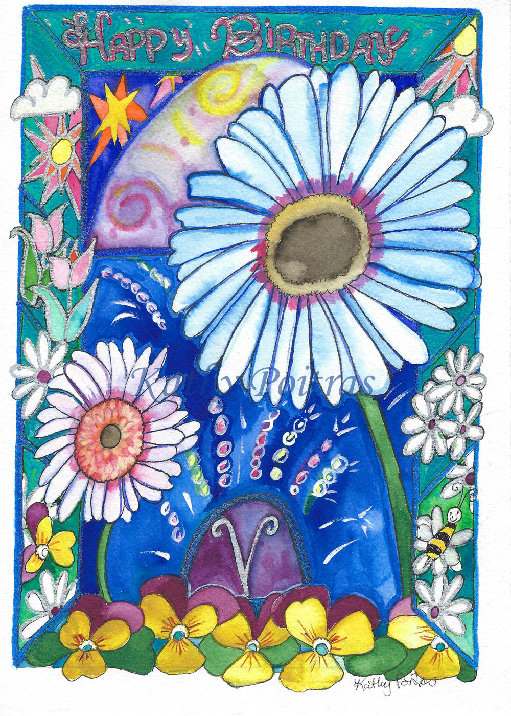 Personalized flower of the month April, Happy Birthday Card. Daisies and the letter V.  A cheerful whimsical cathedral with celebratory fireworks featuring the letter V, and daisies.  Surrounded by a border with naïve images expressing life.  There are violets on the bottom of the border.    Happy Birthday is written on the top. 