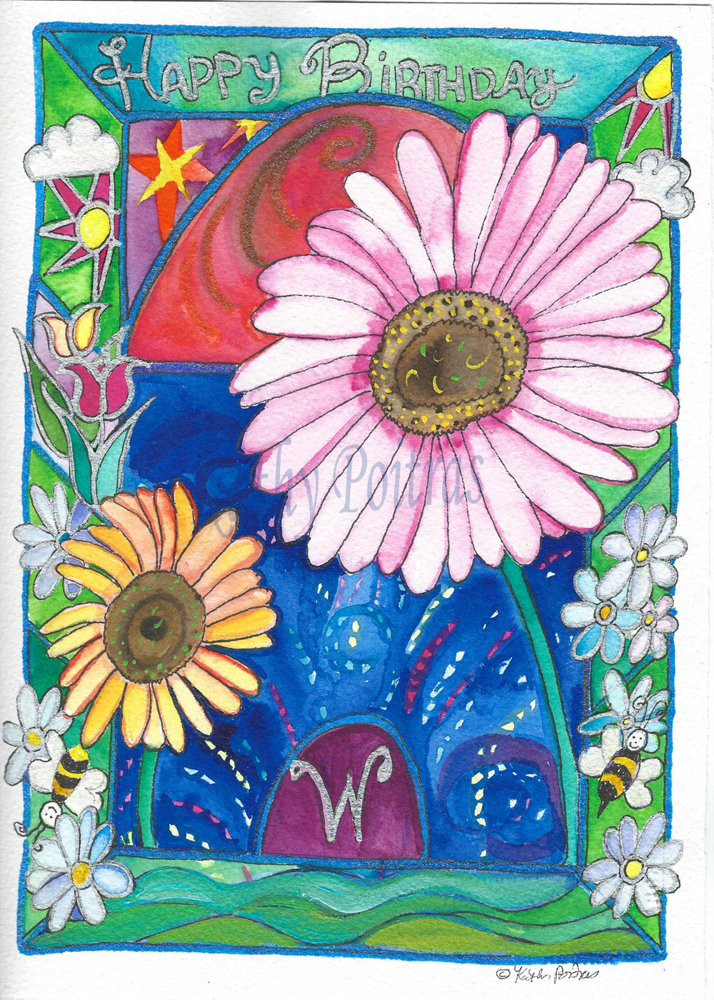 Personalized flower of the month April, Happy Birthday Card. Daisies and the letter W.   A cheerful whimsical cathedral with celebratory fireworks featuring the letter W, and daisies.  Surrounded by a border with naïve images expressing life. Happy Birthday is written on the top. 