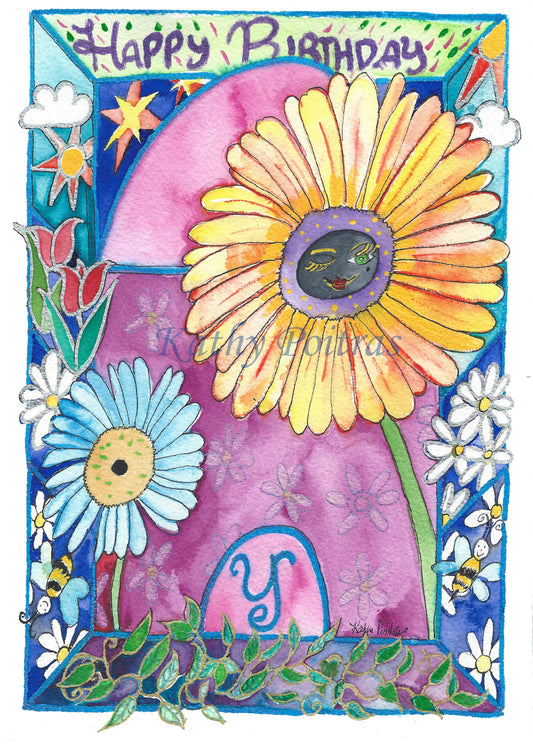 Personalized flower of the month April, Happy Birthday Card. Daisies and the letter Y.   A cheerful whimsical cathedral featuring the letter Y, and daisies.  Surrounded by a border with naïve images expressing life. Happy Birthday is written on the top.   A handmade Birthday Card is extra special.   Each photographic card is lovingly hand embellished with a touch of sparkle.