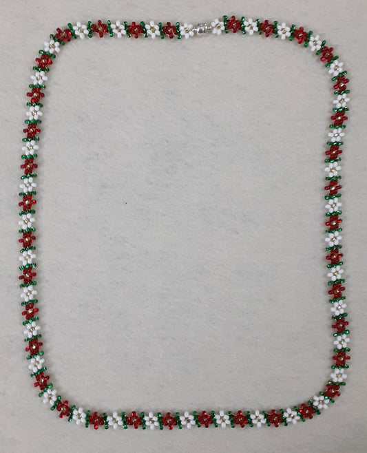 Beaded daisy chain necklace red and white flowers with gold centers