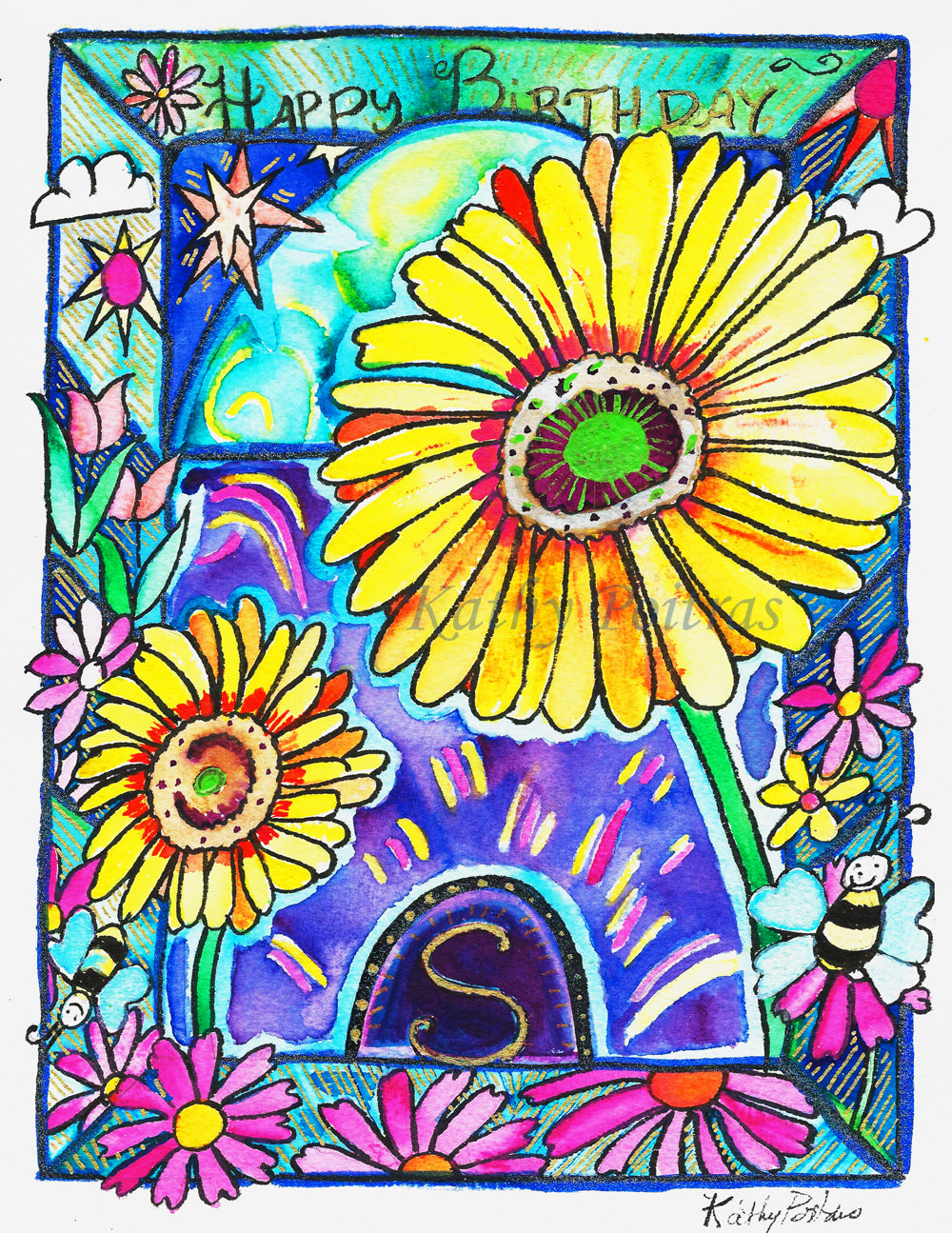 Personalized flower of the month April, Happy Birthday Card. Daisies and the letter S.  A cheerful whimsical cathedral with celebratory color bursts, featuring the letter S, and daisies.  Surrounded by a border with naïve images expressing life.   Happy Birthday is written on the top. 