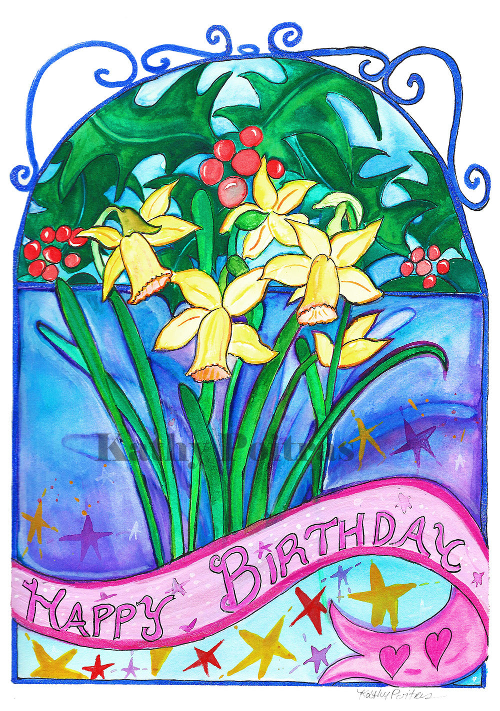 Birthday card, in the naïve folk art style by Kathy Poitras. Inspired by the Narcissus and Holly,  birth  flowers of the month for December.  Narcissus and Holly  with a stain glass inspired background.   There are swirls and hearts and a swirly celebratory ribbon that says HAPPY BIRTHDAY with stars.