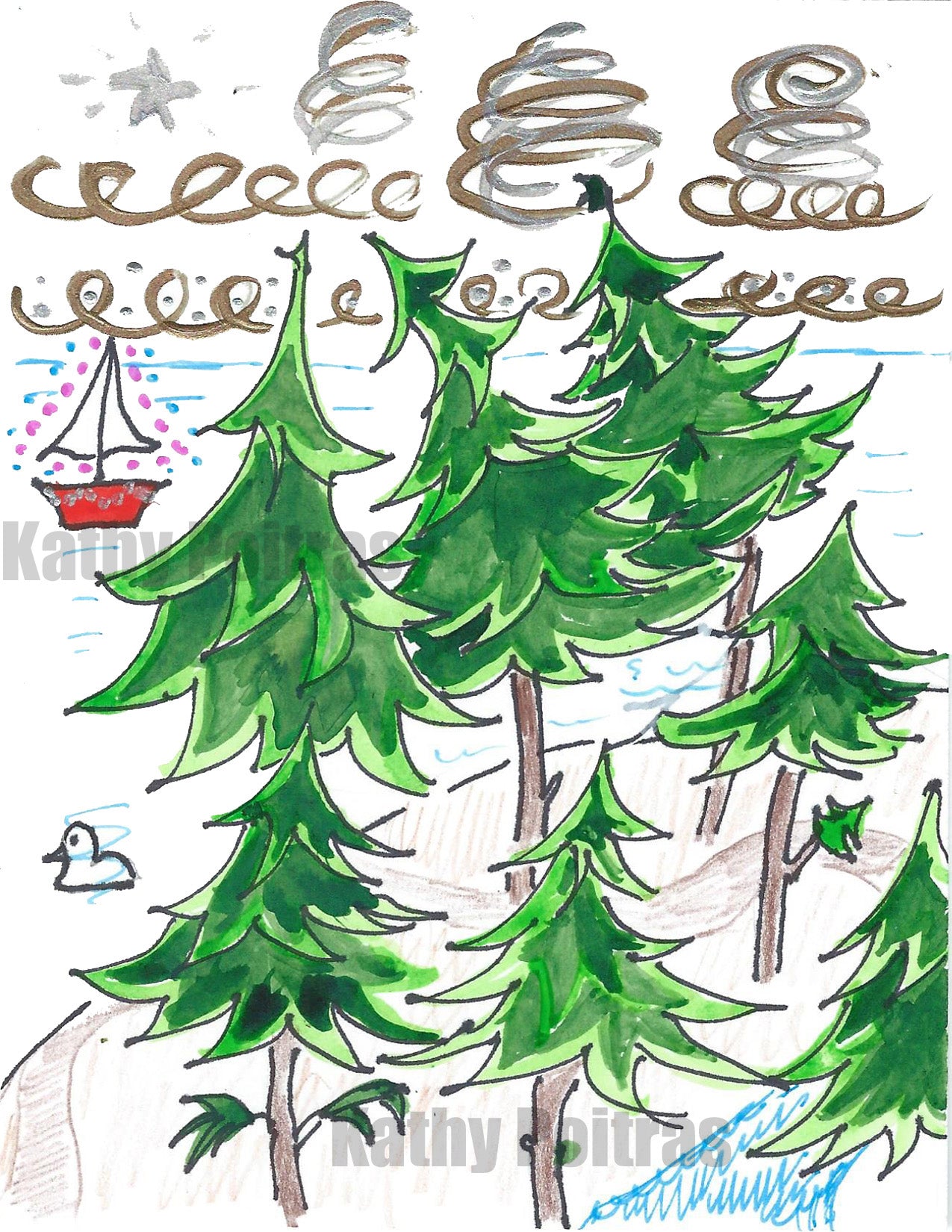 Christmas card instant digital download of a whimsical view of  Vancouver from North Vancouver Sea Wall. Whimsical lights across the water. a  lit sail boat, tall trees, a park, a duck. 
