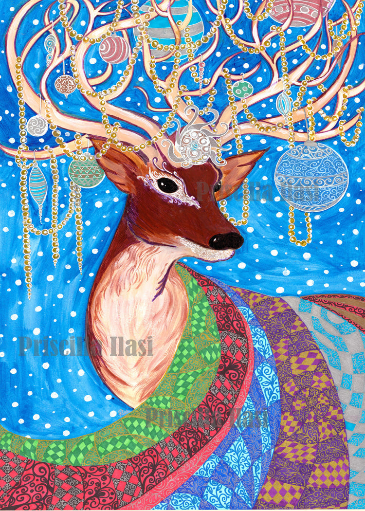 Photographic Christmas Card, Deer with Antlers and Christmas Decor