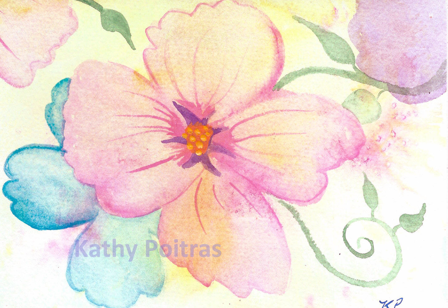  watercolor painting of abstract pink,  blossom with swirly vines and leaves against a bright wash background.   by artist Kathy Poitras