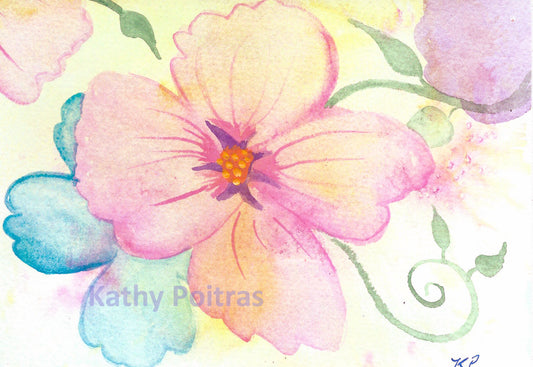  watercolor painting of abstract pink,  blossom with swirly vines and leaves against a bright wash background.   by artist Kathy Poitras