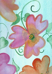 Pink floating flowers on a blue green background.  one of a kind watercolor art card