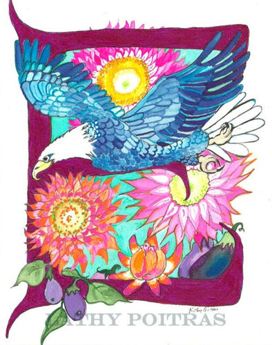 E, Eagle, Everlastings, Eggplant. Art Card, Greeting Card. Birthday Card
