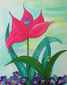 wall art of elegant red tulip with a budding tulip in front of it, growing from a bed of purple pansies.  Folk art by Kathy Poitras 