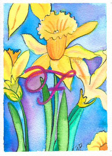 Greeting Card, Birthday Card, Mothers Day Card, Daffodils are the flower of the month for March. This flower of the month card is personalized with a fancy letter F.   by artist Kathy Poitras 