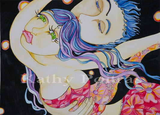 Painting of whimsical romantic couple flying and embracing