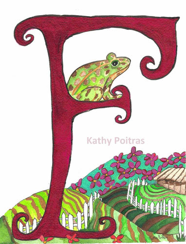 Personalized greeting card.  F is for Frog, Farm, Flowers and Fence.