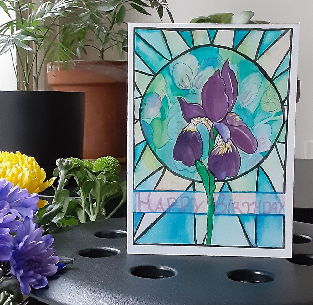 Flower of the Month Birthday Card. February Birth flower. Iris