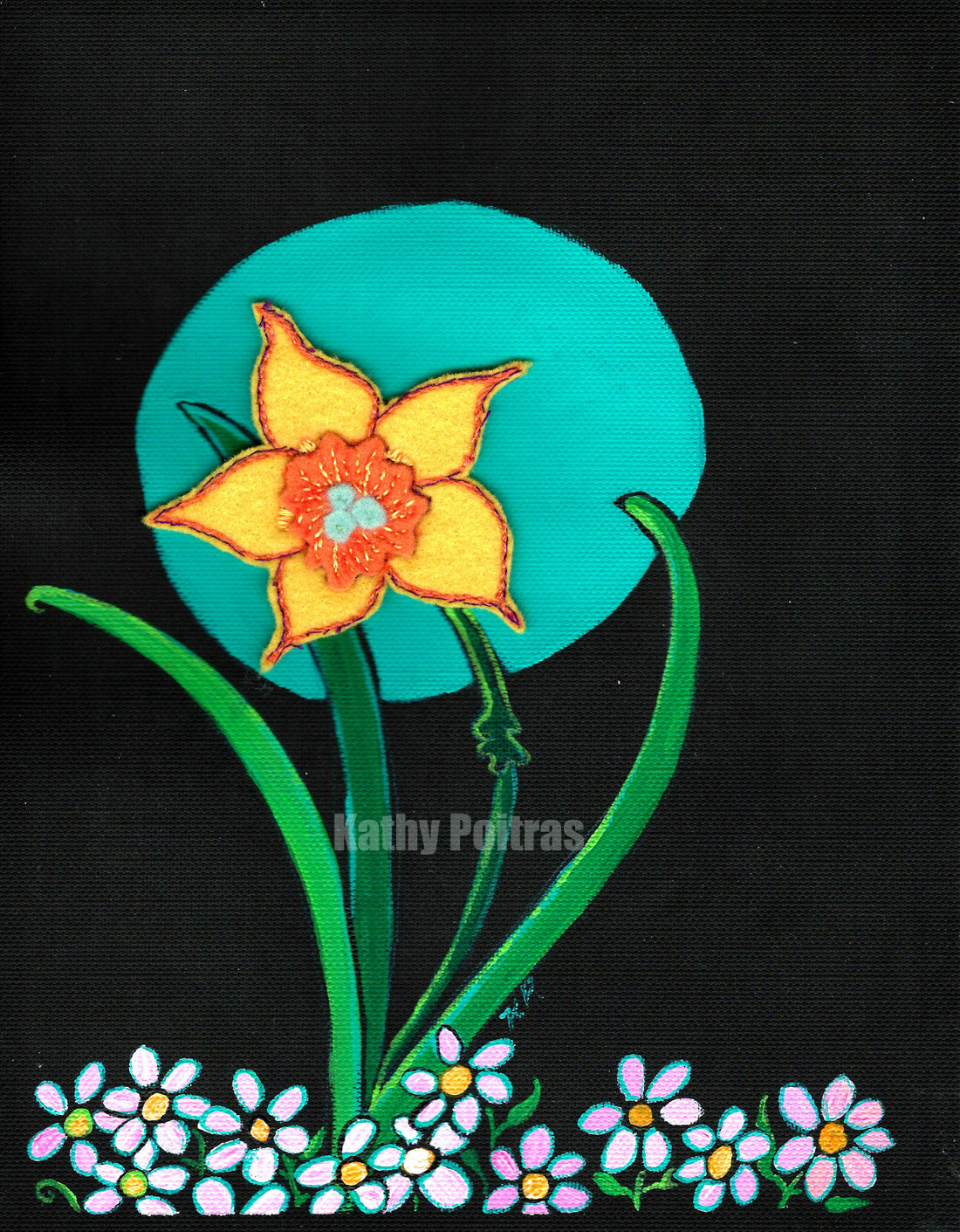 felt daffodil blossom with hand embroidery. mounted on acrylic painting  on black canvas paper with a turquoise moon and small pink flowers at the bottom