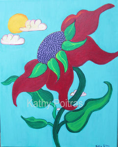 acrylic painting abstract red poppy with sunshine and puffy clouds in the background. by Kathy Poitras