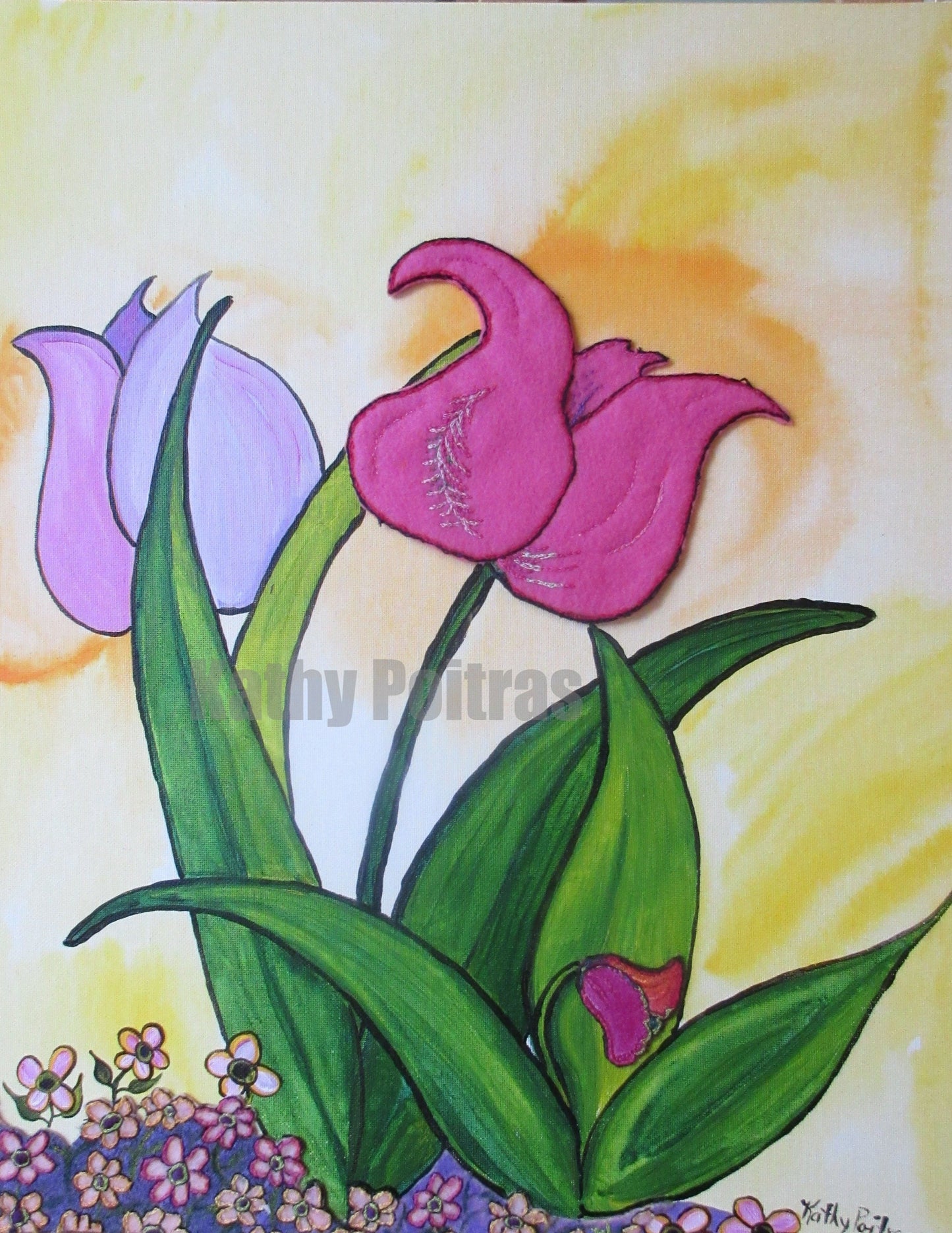 An acrylic painting with felt and hand embroidery included. Two pink folk art tulips plus one tiny tulip growing. Small pink felt and embroidery flowers at the bottom, against a yellow and orange background.  16 x 20 inches on canvas board.  