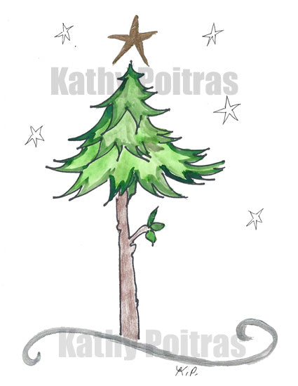 whimsical tall tree with gold star on top