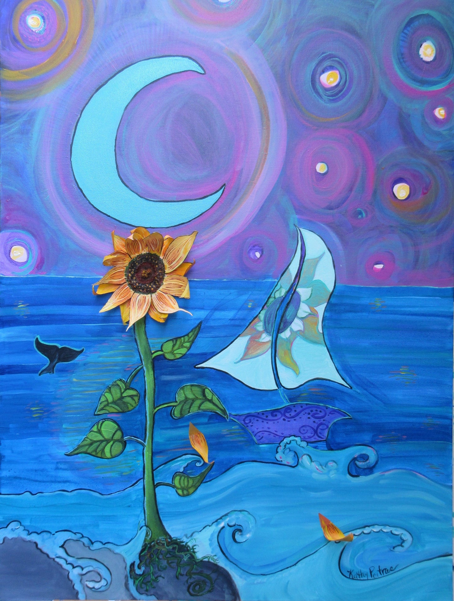 Whimsical  expressionist acrylic painting with 3D  sculpted sunflower made of molding paste and canvas. . A sunflower grown on the edge of the waves. It is night time, a wale tail and whimsical sail boat are on the water, there are orbs in the night sky and a blue crescent moon.