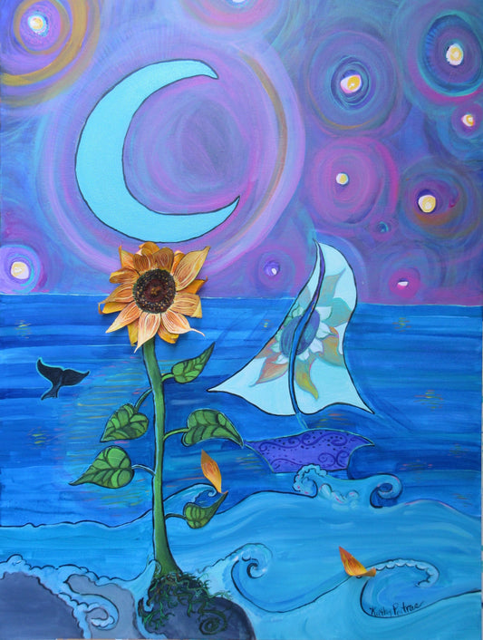 Whimsical  expressionist acrylic painting with 3D  sculpted sunflower made of molding paste and canvas. . A sunflower grown on the edge of the waves. It is night time, a wale tail and whimsical sail boat are on the water, there are orbs in the night sky and a blue crescent moon.