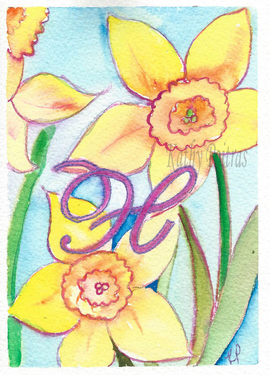 Personalized letter H Birthday Card, Mother's Day Card, of  Daffodils 