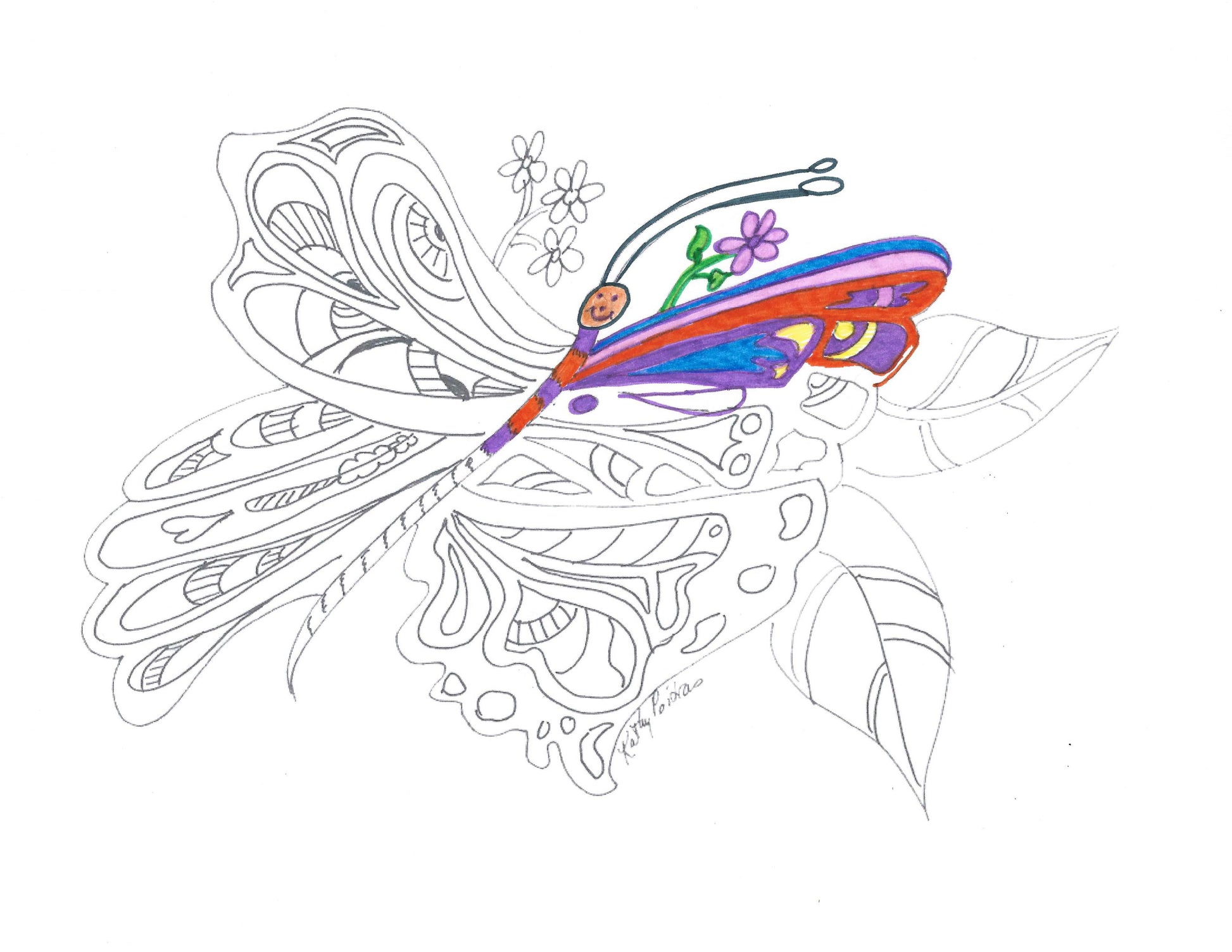cheerful butterfly with a happy face.   Color your own image
