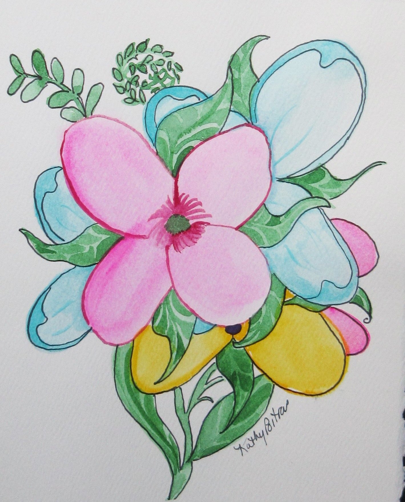 Balloon Flower Bouquet.   Pink, blue and yellow.  5 x 7 inch  watercolor painting on paper.  By Canadian Folk Artist Kathy Poitras. 