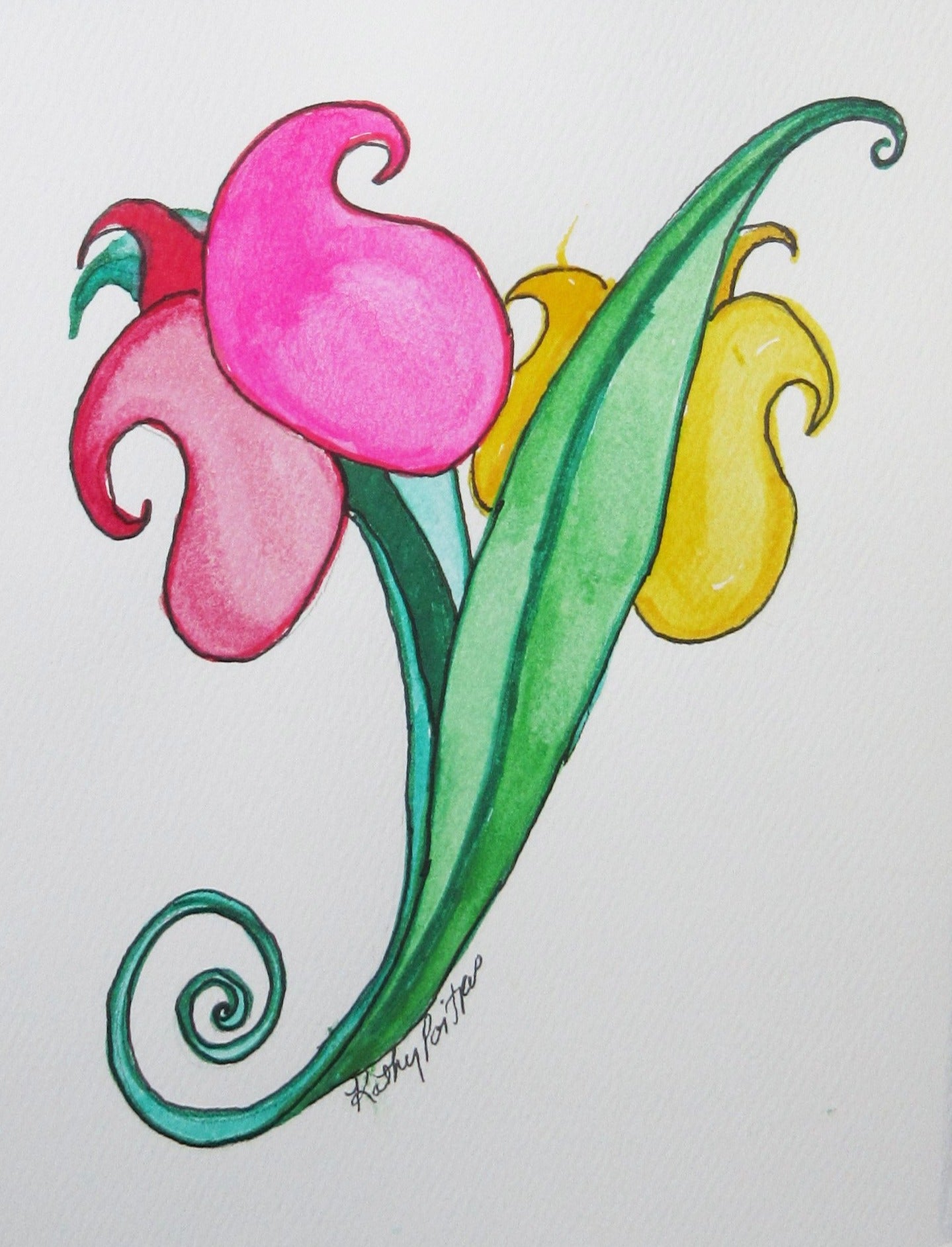 abstract watercolor and ink tulip art card with deckle edge. Two tulips. One pink, one yellow